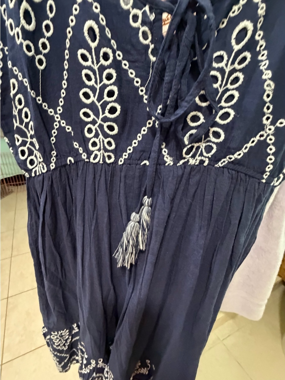 Navy Embroidered eyelet Sleeveless Midi Dress - Picture 3 of 6